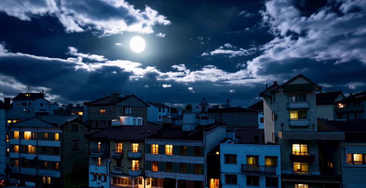 夜幕下城市村落灯光点点，月光穿云照楼房。