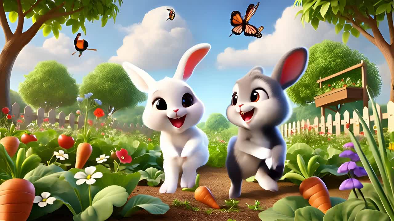 花园里有两只可爱的小兔子，一只是白色的，另一只是灰