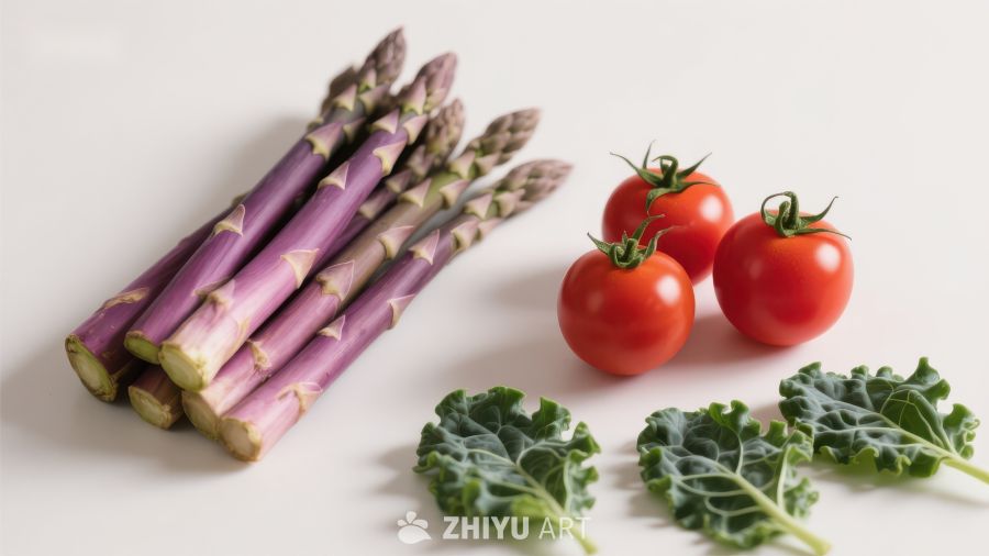 新鲜蔬菜组合：芦笋、樱桃番茄与羽衣甘蓝