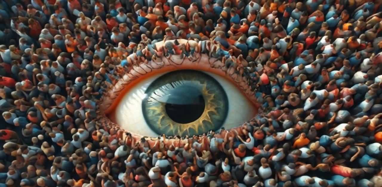 一只巨大的眼睛占据了画面中心，眼球呈现蓝色，虹膜为