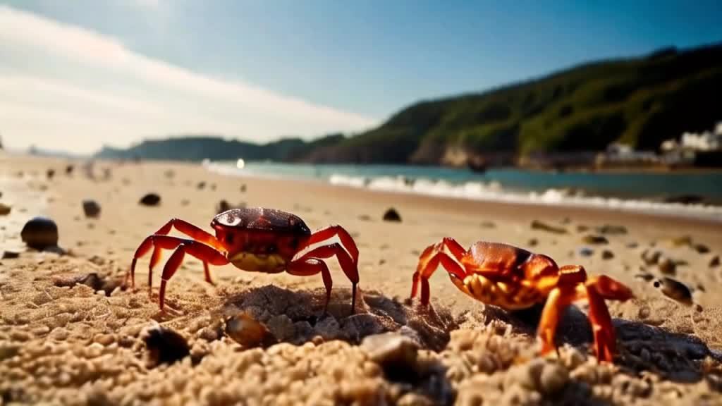 风景如画的海滨沙滩，一些螃蟹在沙滩上爬来爬去。