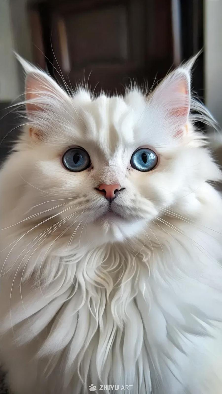 一只蓬松的白色猫正对着镜头，它有一双美丽的蓝色眼睛