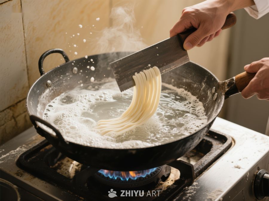 厨师用刀捞起锅中煮沸的面条 121