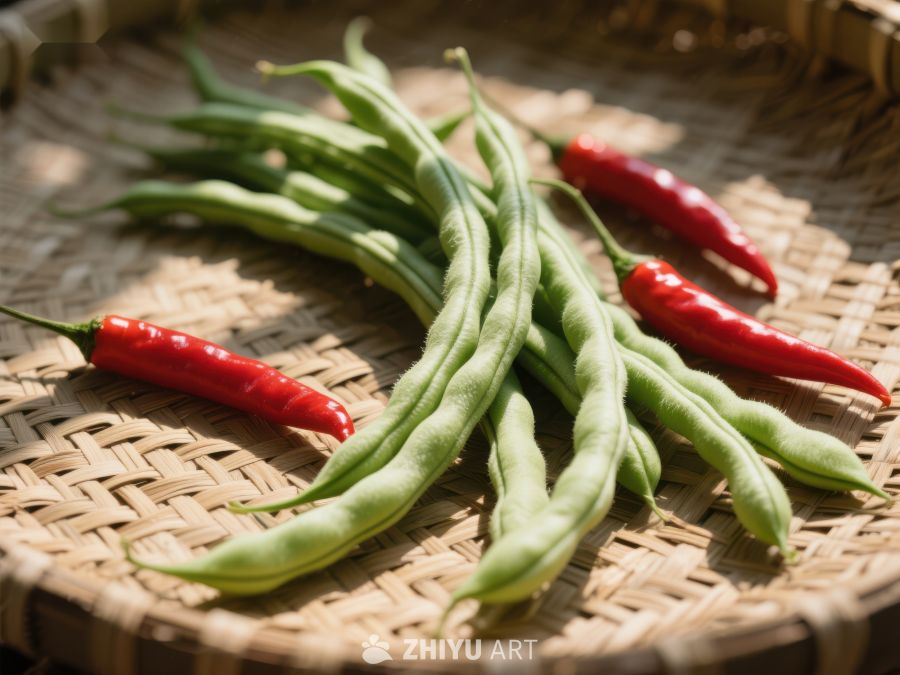 新鲜豆角与红辣椒置于编织篮中 188