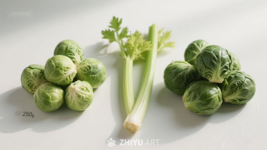 新鲜蔬菜组合：西兰花、芹菜与抱子甘蓝