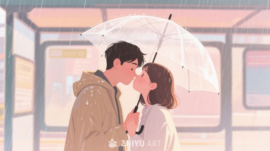 雨中情侣伞下亲吻 648