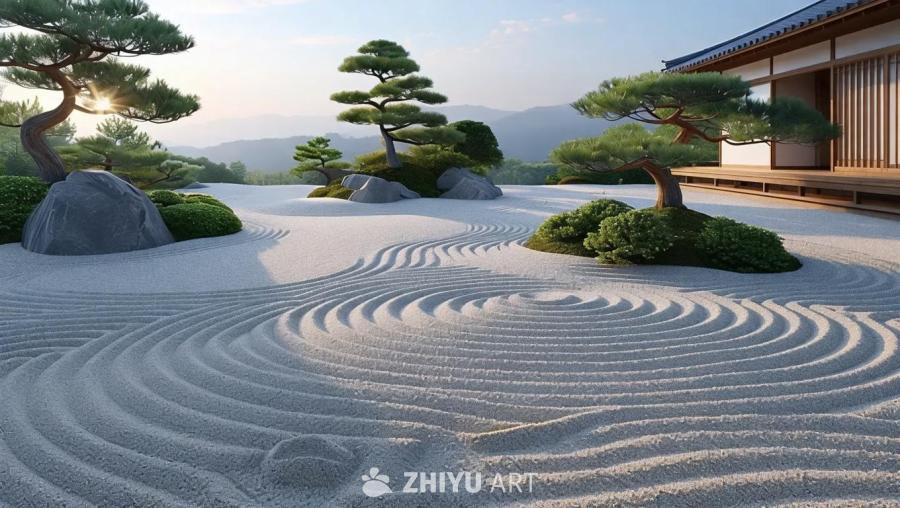 一个日式花园，融合了自然和谐与微妙的空间布局艺术。
