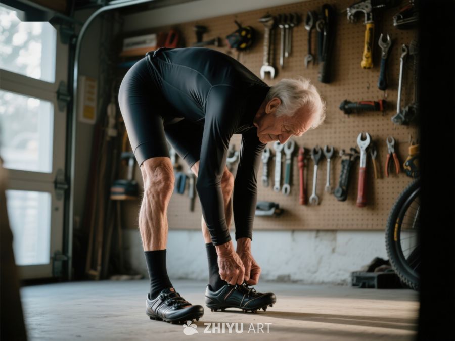 老年男子在车库准备骑行 224