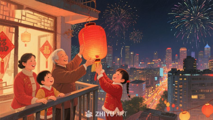 家人共庆，夜空烟花映红灯笼 427