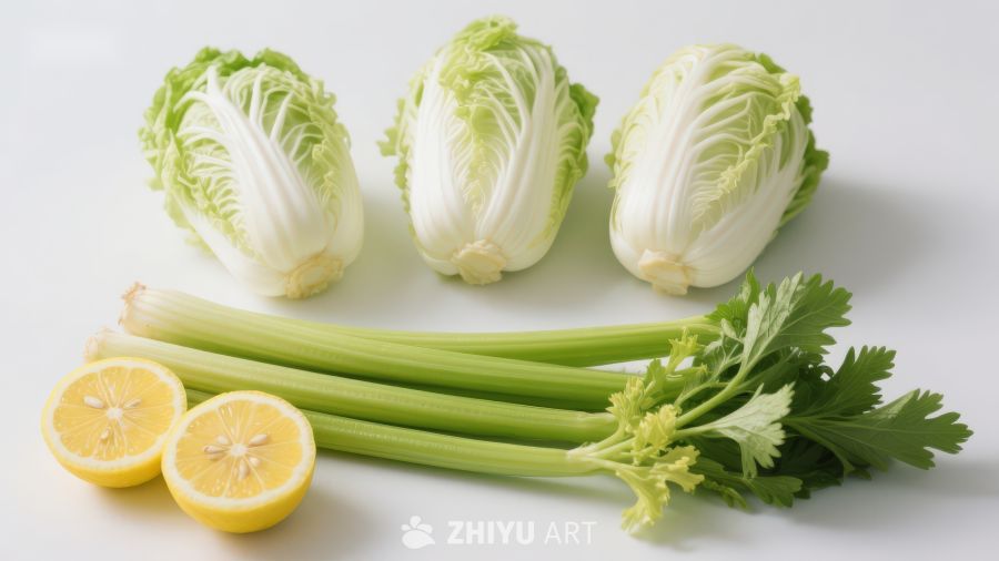 新鲜蔬菜组合：生菜、芹菜与柠檬