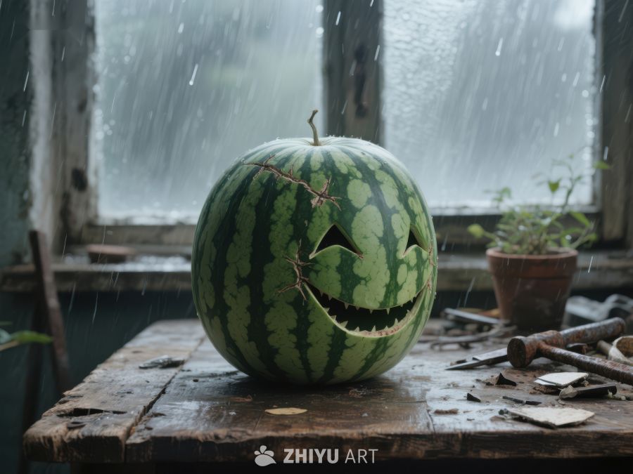 雨中窗台上的雕刻西瓜 829
