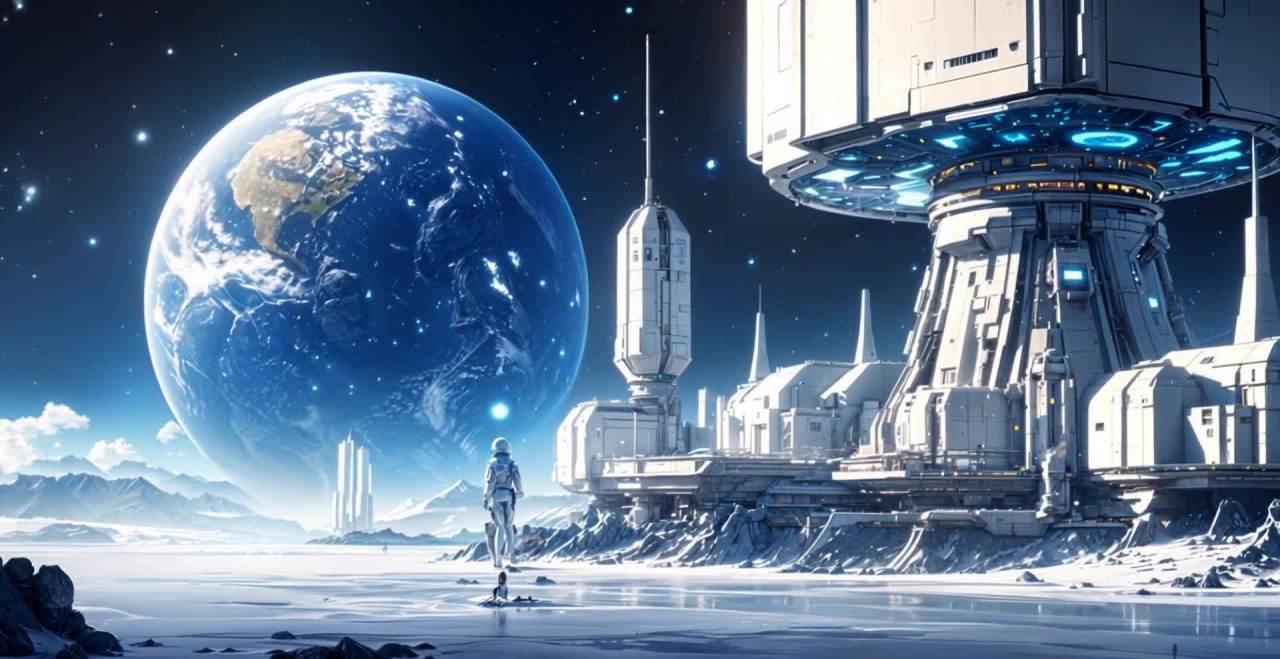 冰原基地与行星，宇航员凝视未来科技建筑