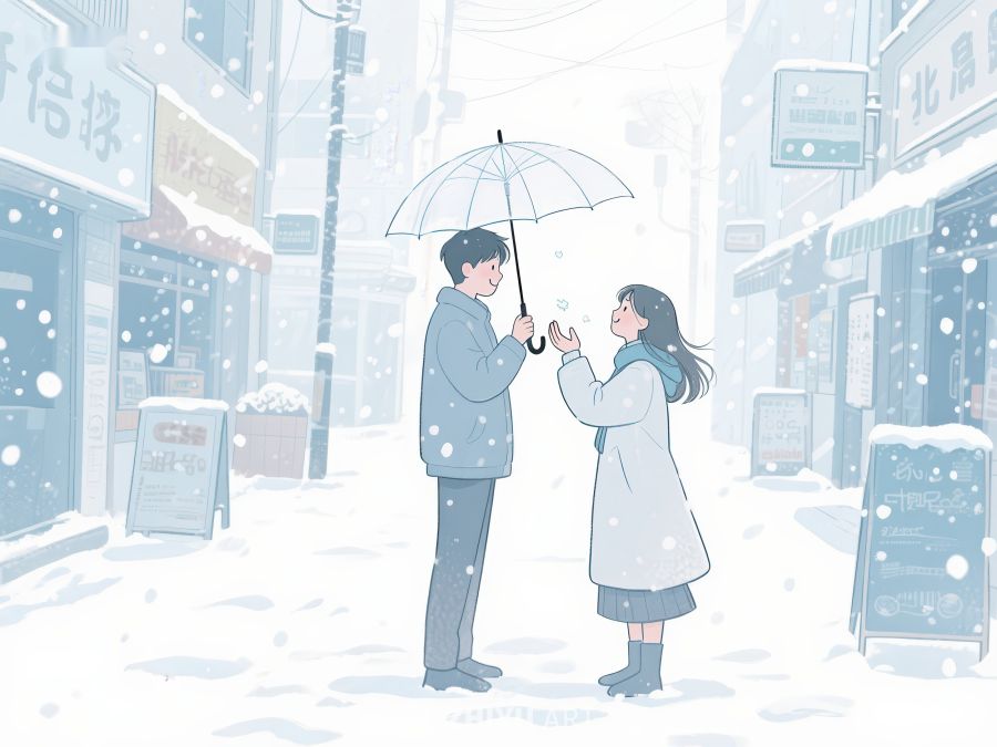 雪中伞下，情侣温馨对话 938