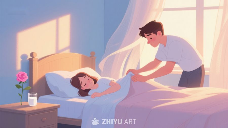 温馨晨光中，男子为女子盖被 368