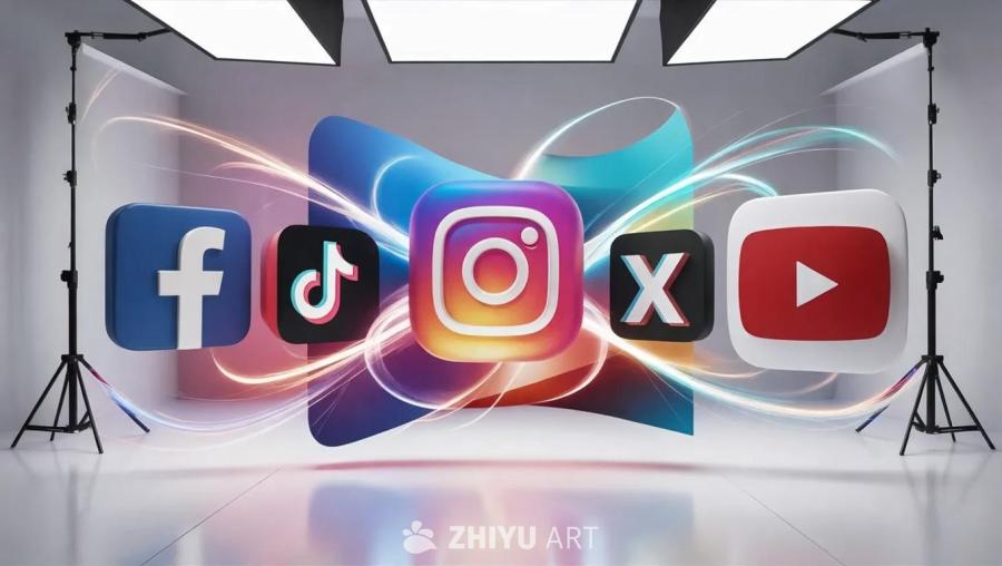 蓝色Facebook标志、黑色TikTok标志、彩