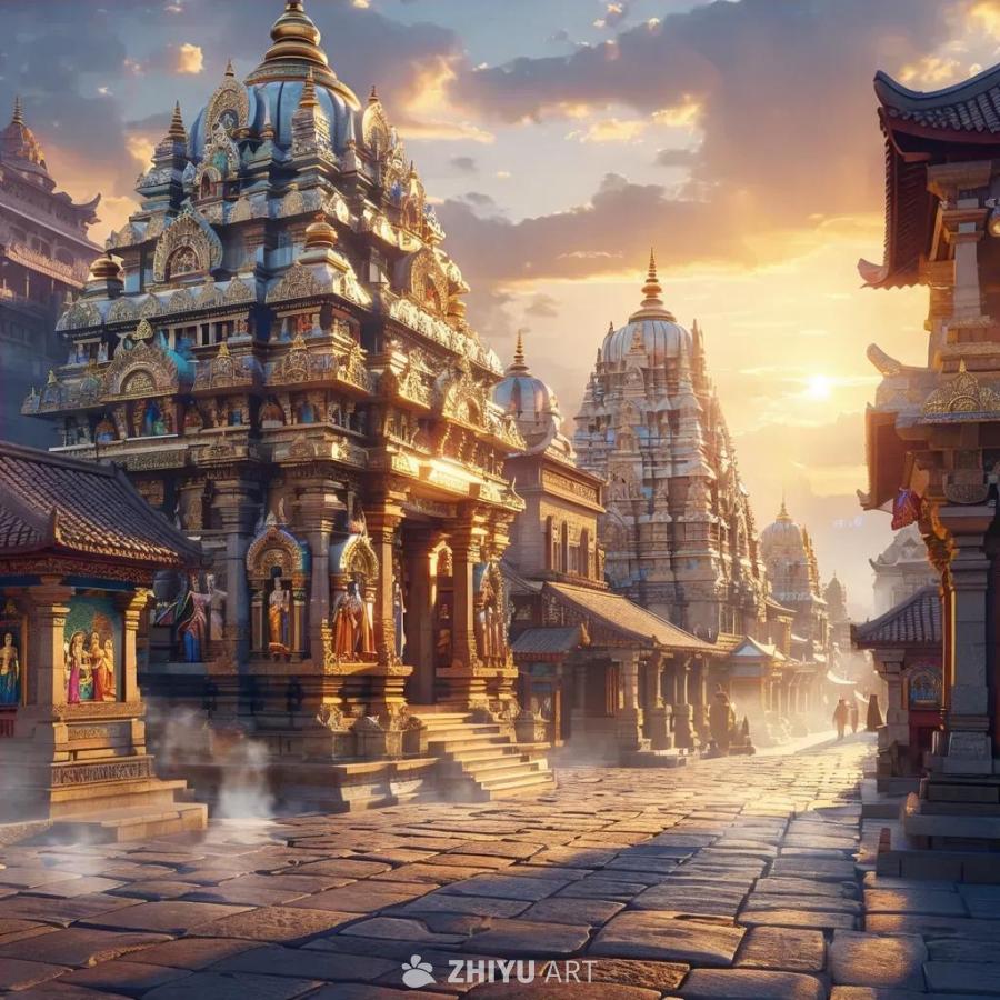 一座小小的古城里坐落着一座古老的寺庙。寺庙建筑群呈