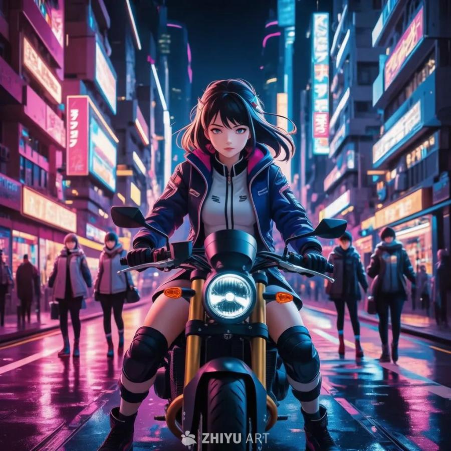 夜间赛博朋克都市景观，霓虹灯照亮未来主义建筑，身着