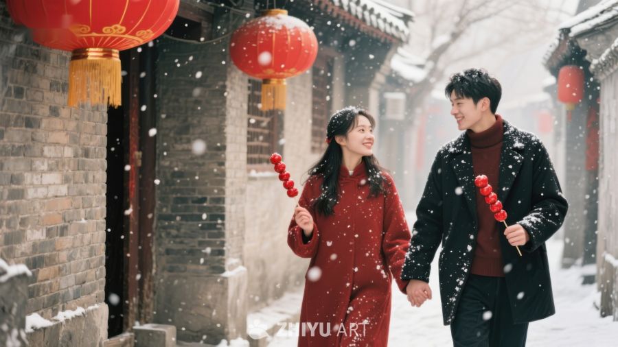 雪中古巷情侣共赏红灯 115