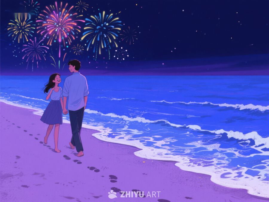 情侣海边漫步，烟花夜空璀璨 538