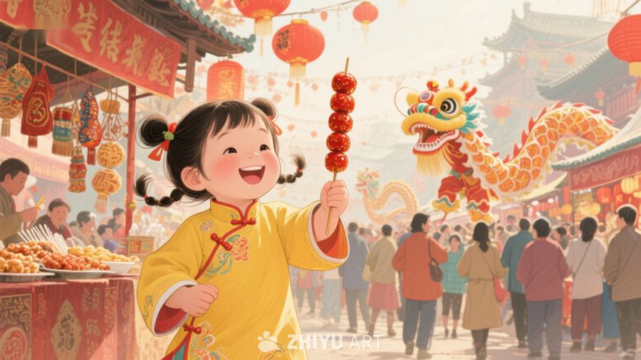 小女孩手持糖葫芦，欢庆春节 973