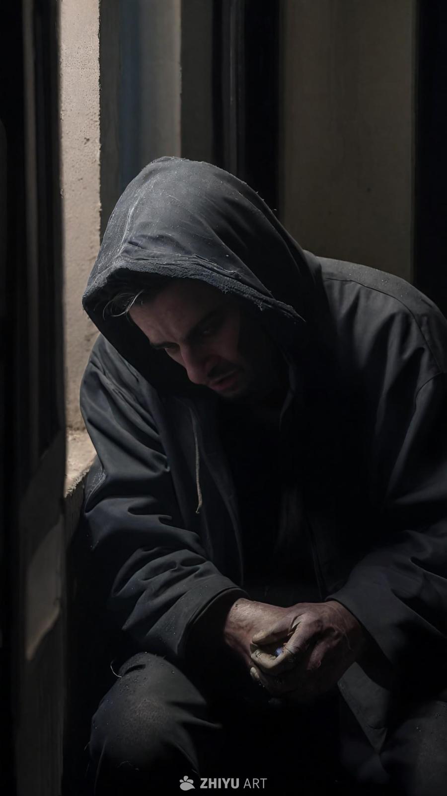 一个穿着深色连帽外套的男人坐在一个昏暗的角落里，低