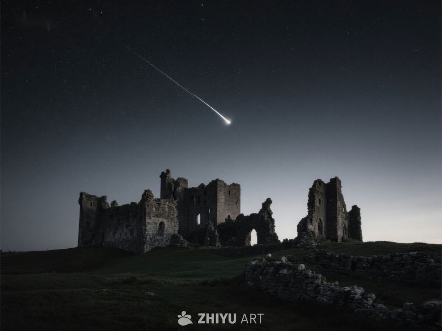 流星划过夜空下的古堡遗迹 52