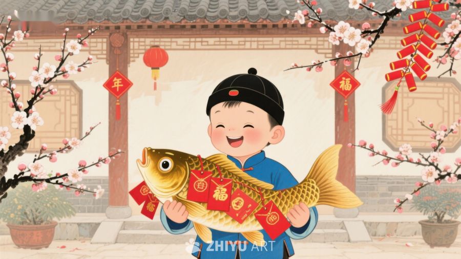 童子手捧金鱼迎新春 874