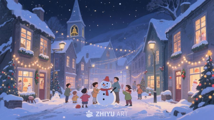 冬夜小镇的温馨雪人场景 75