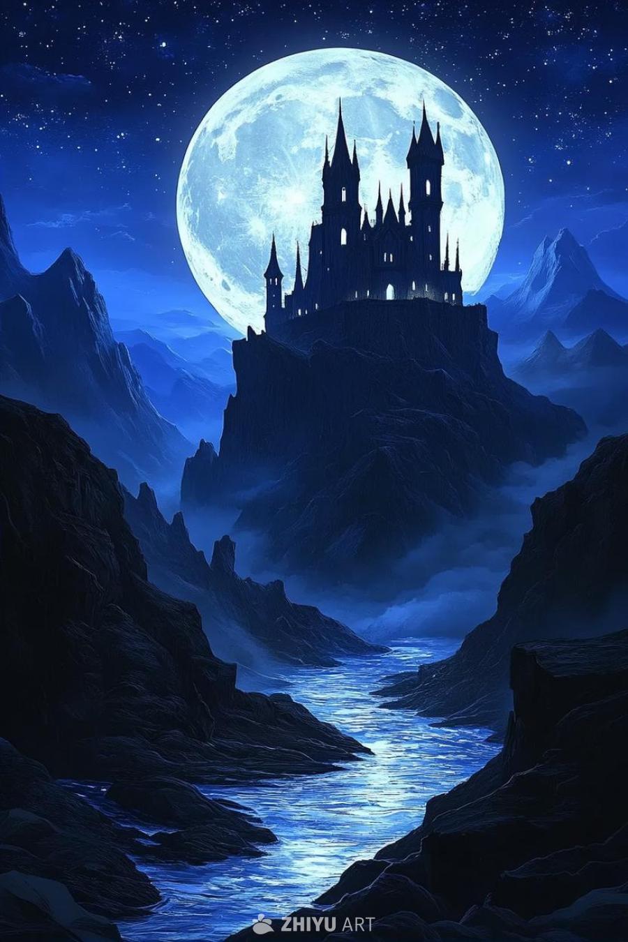 夜间，哥特式奇幻风景中，一轮巨大的发光满月照亮了坐