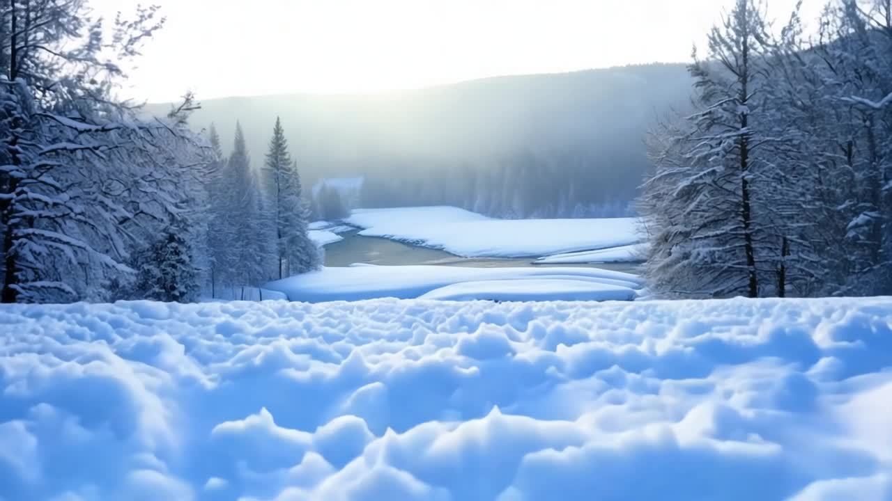 一片被雪覆盖的田野，微风轻轻吹动，雪花在空中飞舞。