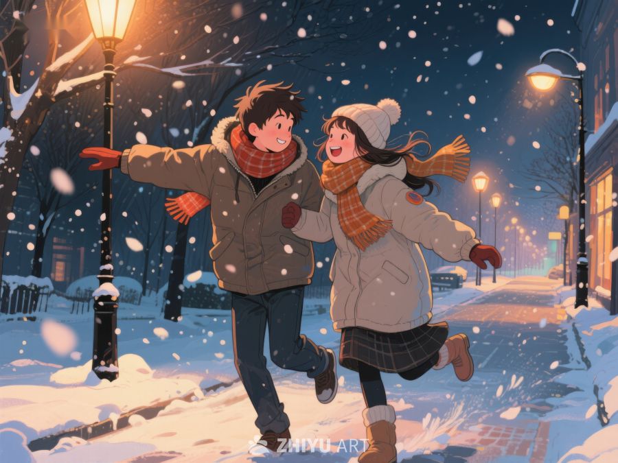 冬夜雪中漫步的两人 191