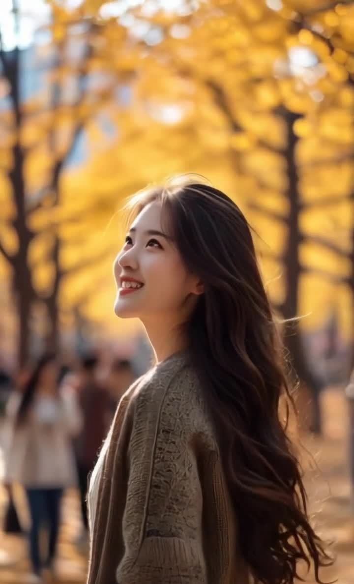 金秋阳光下，长发微笑女子仰望天空金黄树木