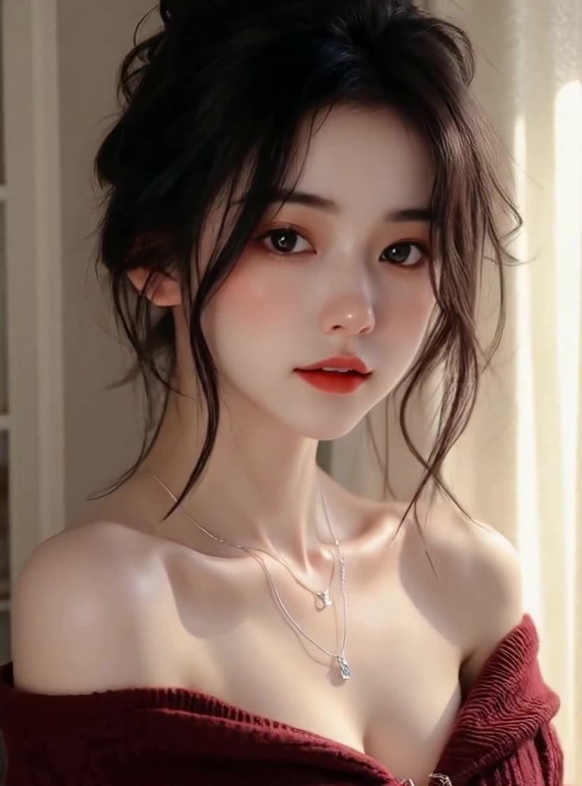 红衣裸肩佩蝴蝶宝石项链的优雅女子