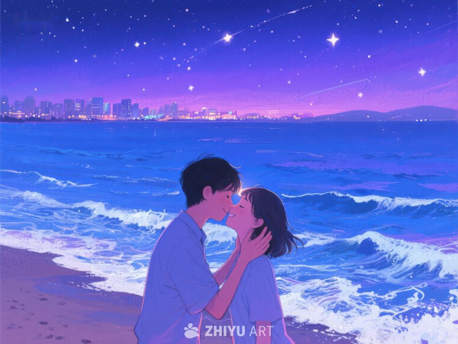 海边夜景下的情侣亲吻 247