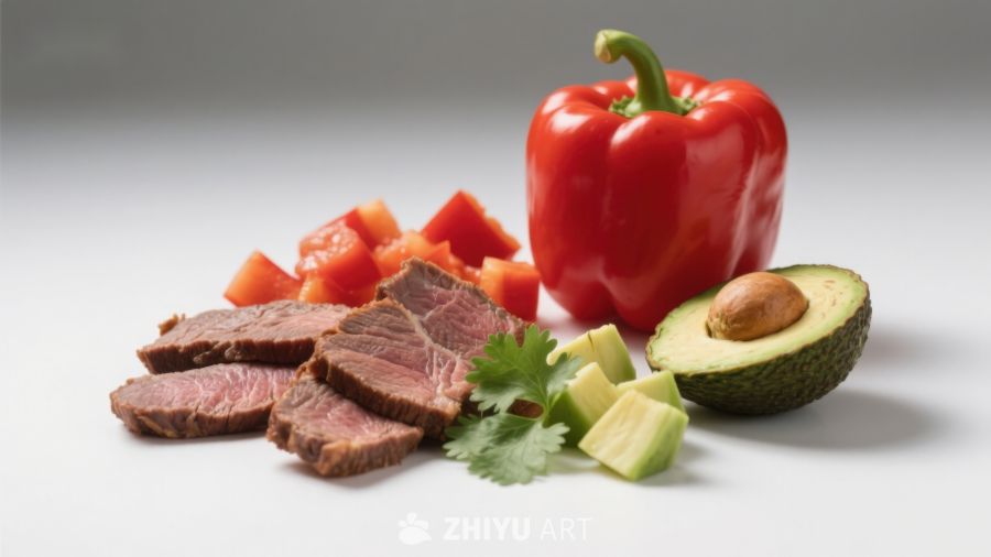 牛肉配彩椒牛油果食材