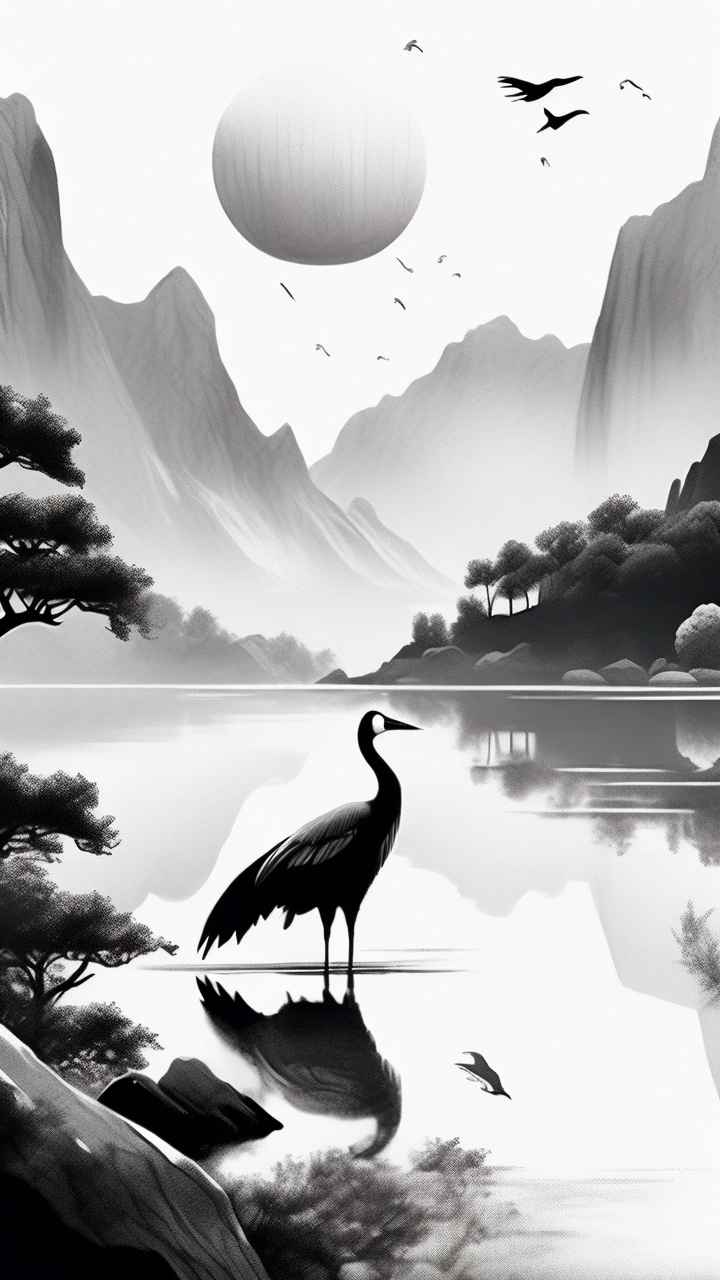国风山水鹤插画背景 63