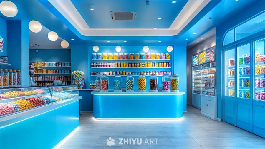 一个蓝色电影院糖果店柜台，超现实风格。柜台上方摆放