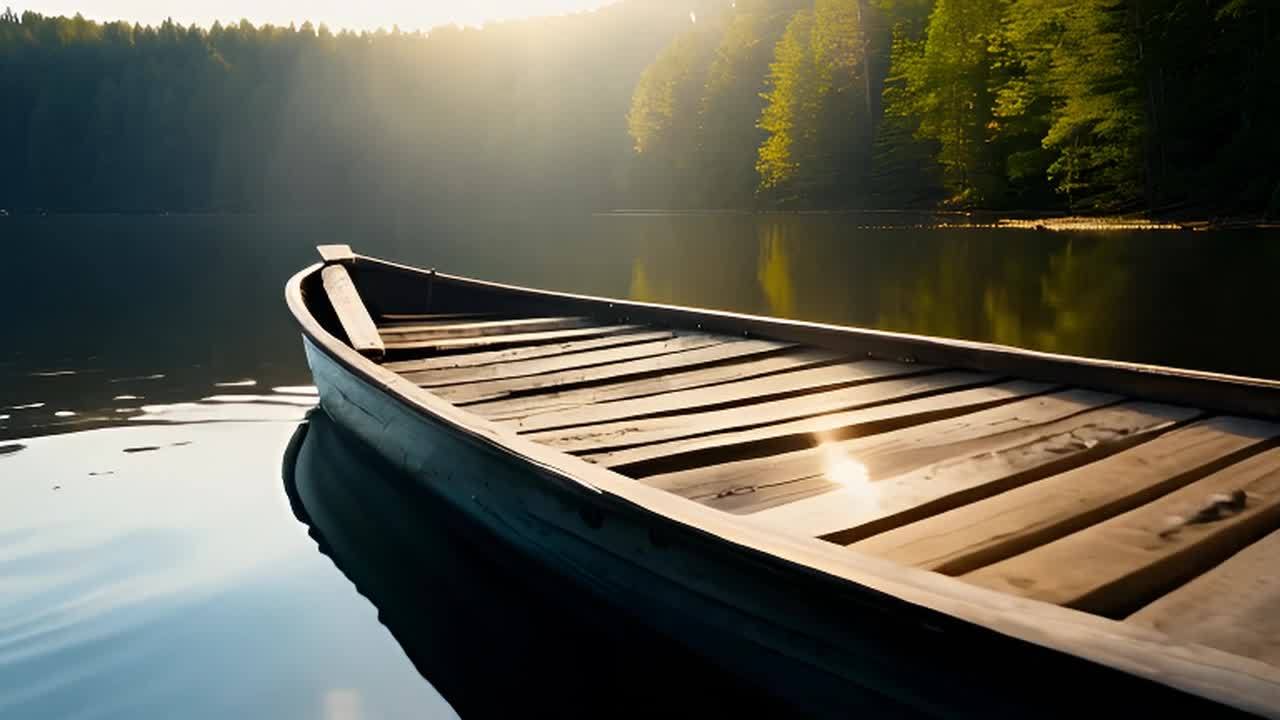 一艘风化的木船漂浮在宁静的湖面上。阳光穿过树林，在