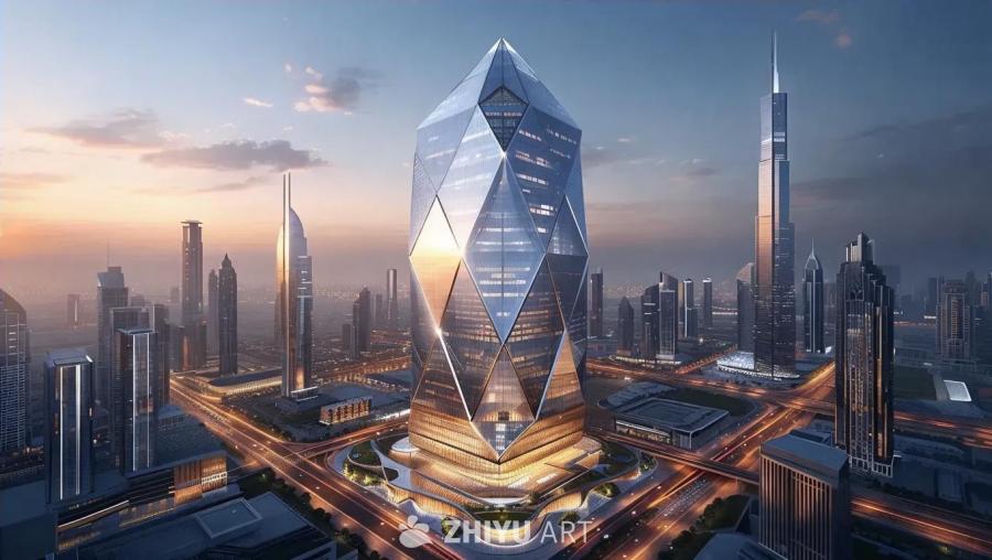 一座六边形的摩天大楼耸立在现代城市景观中，这座结构