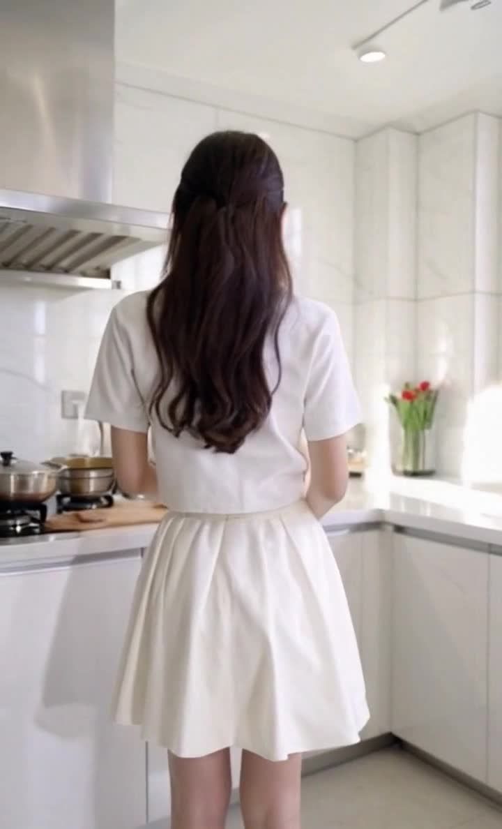 白色连衣裙女子在厨房做饭