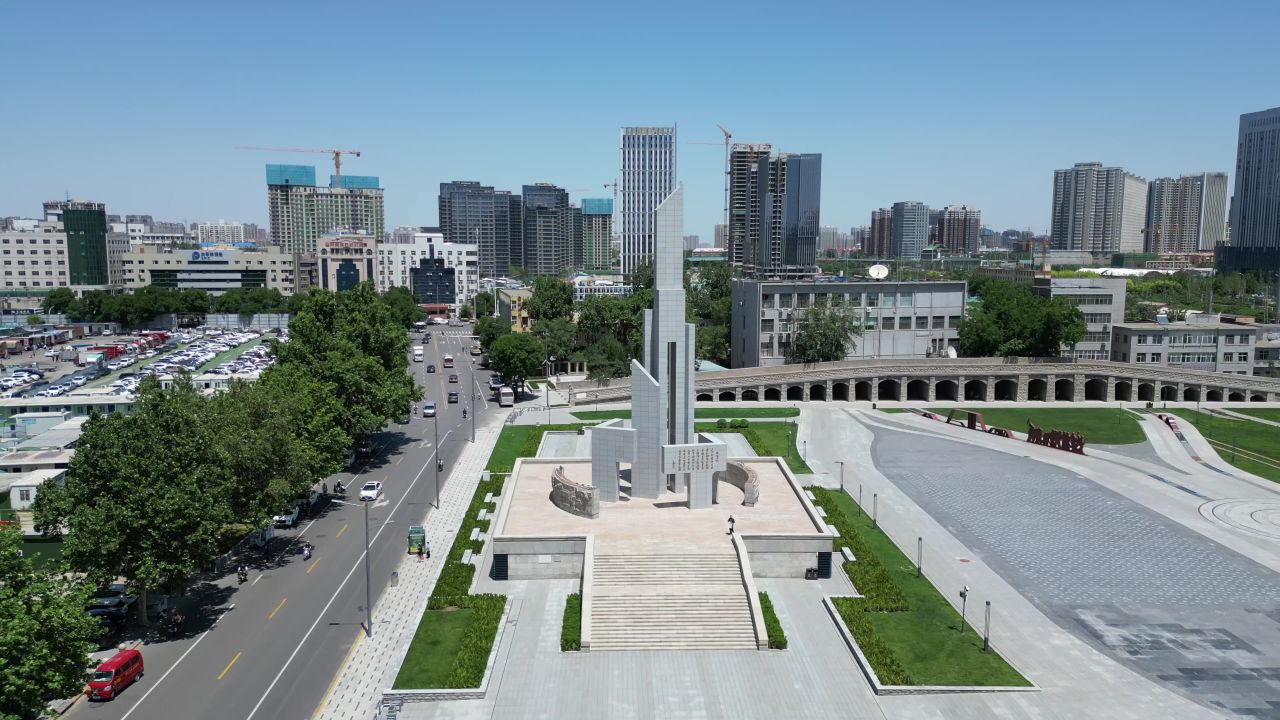  航拍河北石家庄解放纪念碑正太广场
