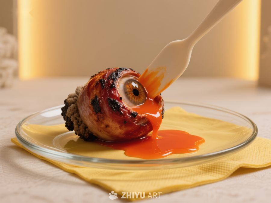 创意食物艺术：叉子上的独特眼球造型