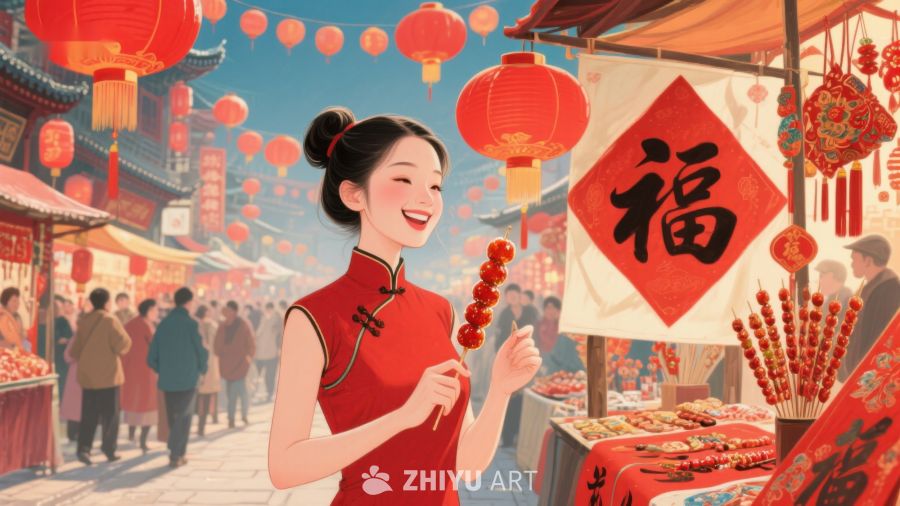女子手持糖葫芦，热闹春节市场 746