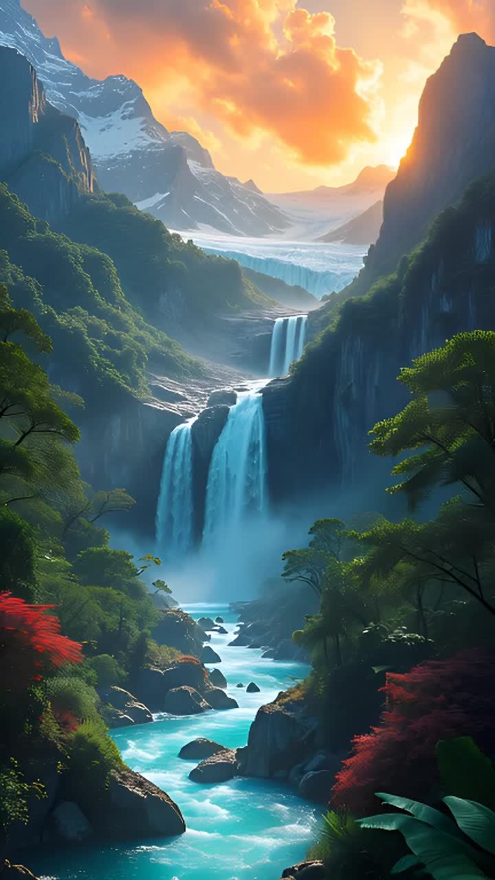 巨大的半透明蓝色冰川从陡峭的雪山倾泻而下。冰川流入
