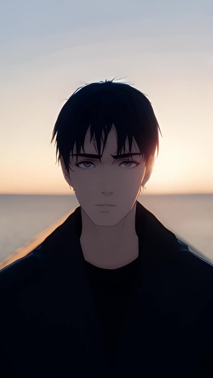 一个黑发男子身穿黑色外套，背景是日落时分的海面。他