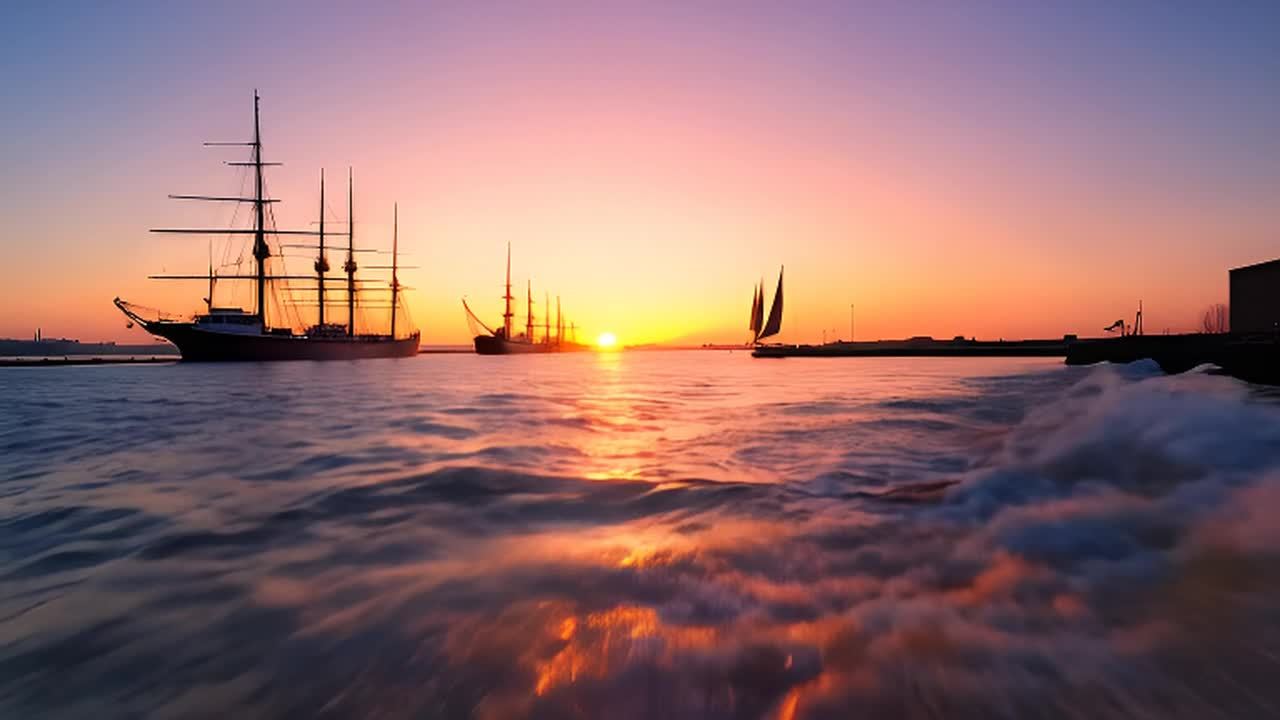日出时分，海港上停靠着几艘高大的帆船，海面波光粼粼