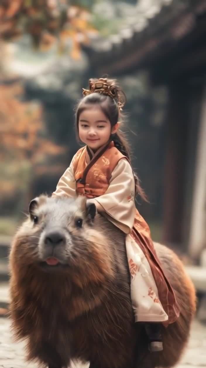 着古装小女孩骑着土拨鼠，面带微笑。