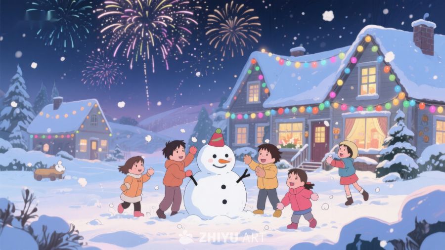 冬夜烟花下，孩子们堆雪人 131