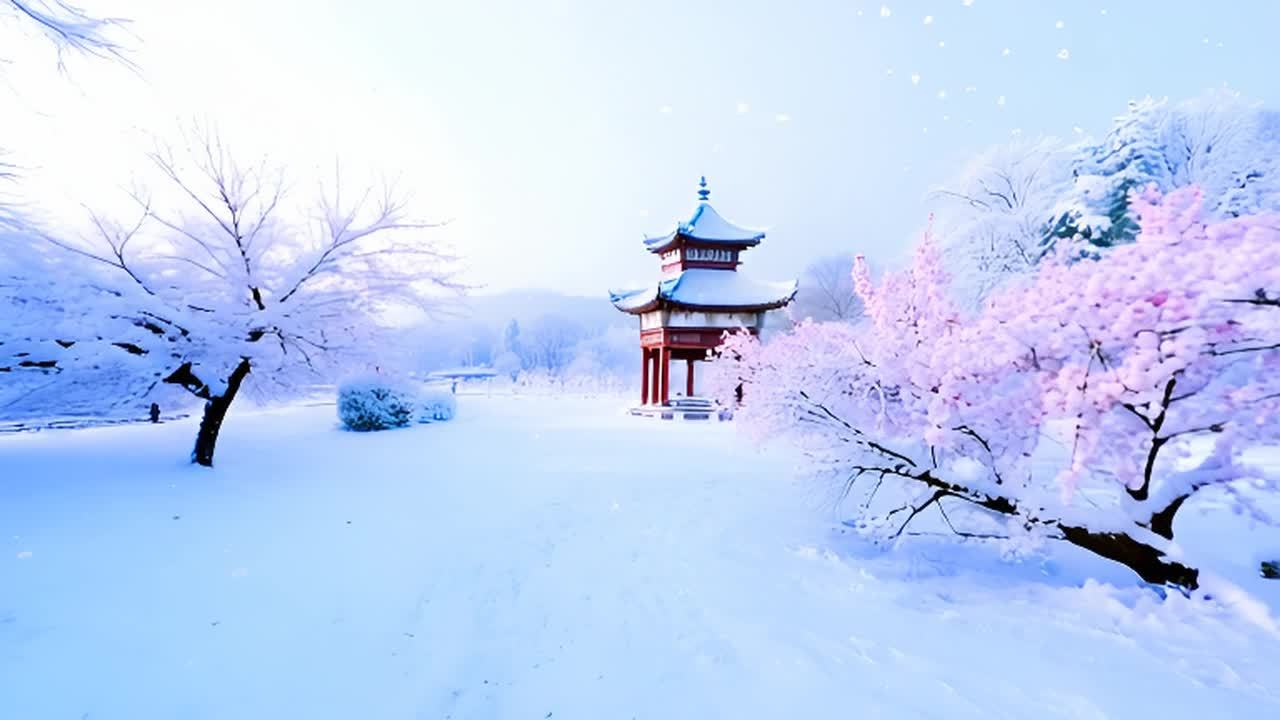 雪花纷纷飘落，楼阁银装素裹，亭台积雪皑皑，寒梅傲雪