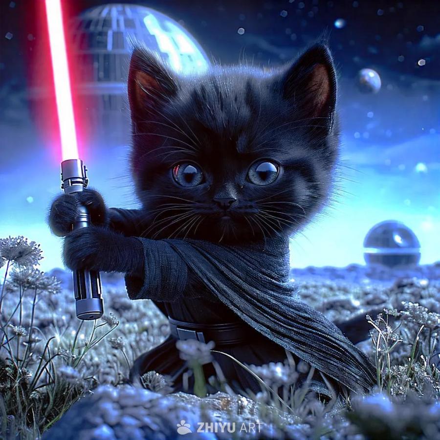 一只黑色小猫，拥有绝地武士风格，大头小身，表情丰富